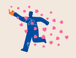 Man sharing love. Falling in love and love sharing. Colorful vector illustration