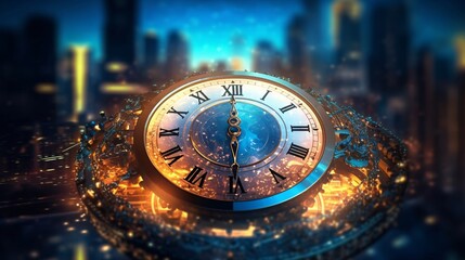 Time concept with vintage clock. Close up of clock face. Time concept. 3d illustration of clock face in neon light. Time concept.

 - obrazy, fototapety, plakaty