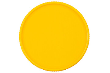 Top view of yellow plastic lid isolated on white background. Plastic round jar lid.