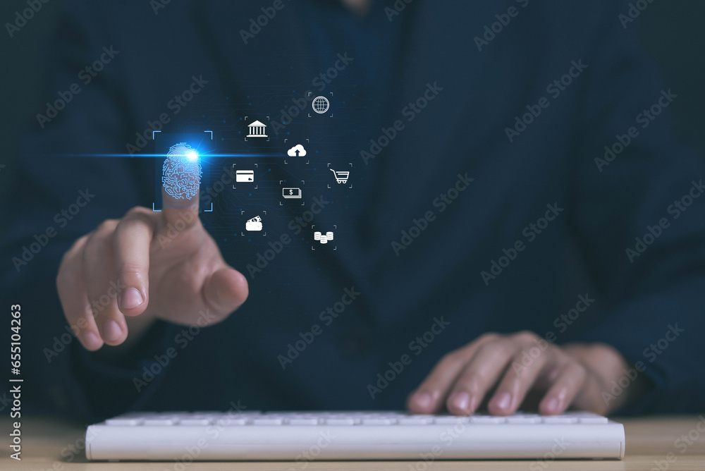 Poster cyber security concept. businessman scan fingerprint shows a biometric finger, access data privacy w