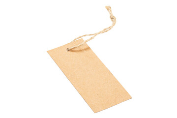Brown cardboard label with slim rope isolated on white background. Price tag or address label on white background.
