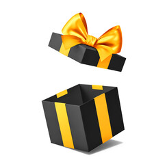 Black open gift box with golden ribbon and bow isolated on white. Clipping path included
