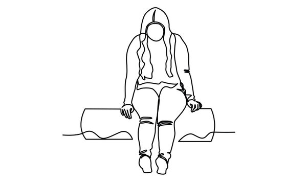 recommend clip art: Continuous line drawings of a young woman's sad emotional shock, loss, grief, life problems, confusion messy feelings worried about bad mental health. The concept of failure and heartbreak is isolated