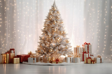 Fototapeta na wymiar Beautiful Christmas tree with presents and lights on white background, closeup