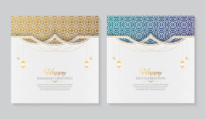 Ramadan and Eid White Luxury Ornamental Greeting Cards with Islamic Pattern and Decorative Ornament Frame
