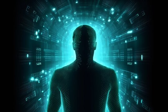 3D rendering of a human head with binary code and technology background
