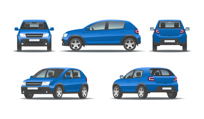 Blue city car in different types on a white background. Family hatchback - 655106660