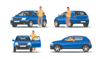 Happy man with a car on a white background in different views. The guy buys, rents, and drives a city hatchback. Insurance and maintenance