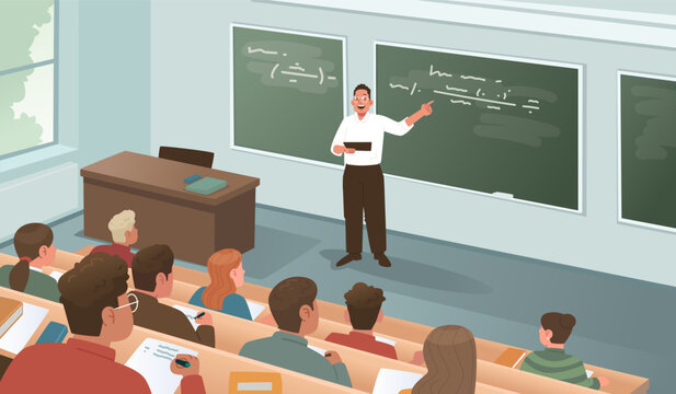 Teacher gives a lecture to students in a university auditorium. Science education and learning concept