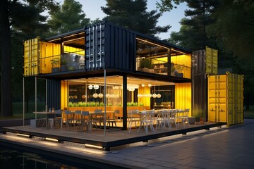 Sustainable makeover of container box into modern, minimalist restaurant, office, or house for environmental preservation. Generative AI - obrazy, fototapety, plakaty