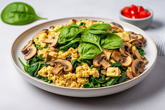Tofu scramble with spinach and mushrooms recipes isolated on a white background