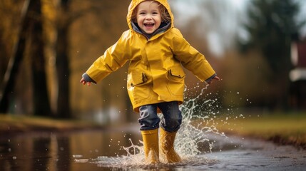 Happy smiling boy in yellow raincoat and rain boots running in a puddle on an autumn walk. Generative AI