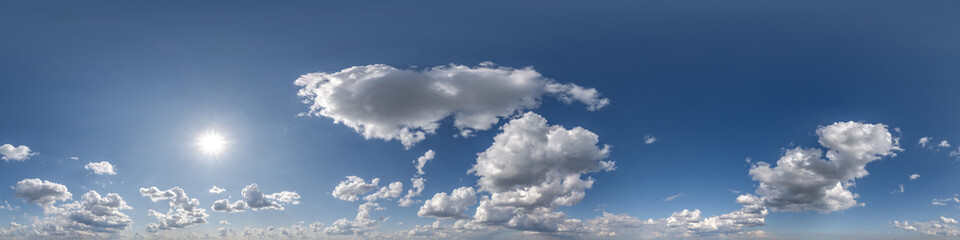 blue sky 360 panorama with light clouds in hdri seamless spherical panorama with full zenith or sky dome for 3d visualization, sky replacement for aerial drone panoramas in equirectangular format