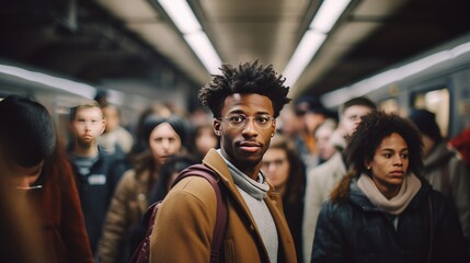 Large group of people standing on the street focusing on a young black man looking at the camera, generative AI