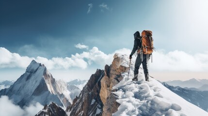 Naklejka na ściany i meble Young man with backpack hiking mountains. Generative AI