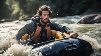 Young man whitewater rafting. Extreme sports. Generative IA