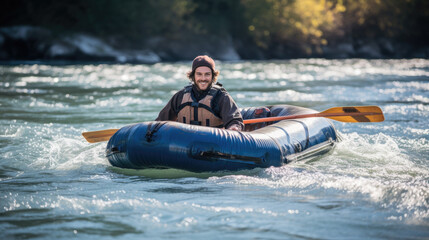 Man practicing rafting. Extreme sports. Generative AI