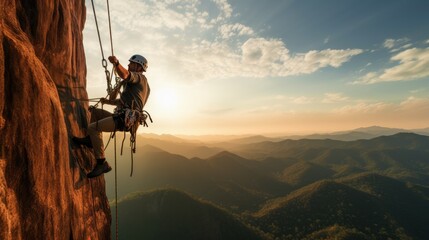 Climber rappelling down cliff with helmet and backpack. - obrazy, fototapety, plakaty