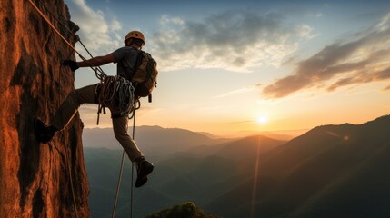 Climber rappelling down a cliff at dawn with helmet and backpack. Extreme sports. Generative AI - obrazy, fototapety, plakaty