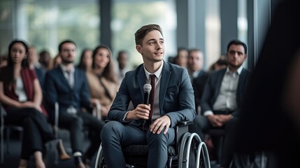 Young businessman in a wheelchair giving a lecture. Concept of inclusion and support for people with disabilities. Lifestyle. Generative AI - obrazy, fototapety, plakaty