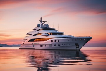 Luxurious yacht in open seas summer luxury boat private vessel business cruise holiday lifestyle sunset ocean expensive rent marine relaxation waves modern ship freedom nautical journey adventure - obrazy, fototapety, plakaty