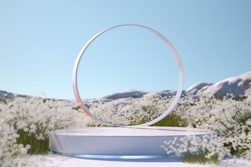 Abstact 3d render Natural background, White podium on the snow ground and flowers field, backdrop glass arch and clear sky for product display, advertising, cosmetic or etc. generative ai.