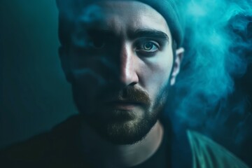 Man blue smoke. Man color vape. Generate Ai