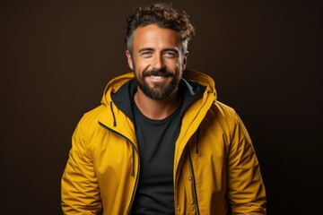 Portrait of smiling confident male entrepreneur posing on yellow background. Cheerful adult with beard, smiling, looking at camera on yellow backdrop.