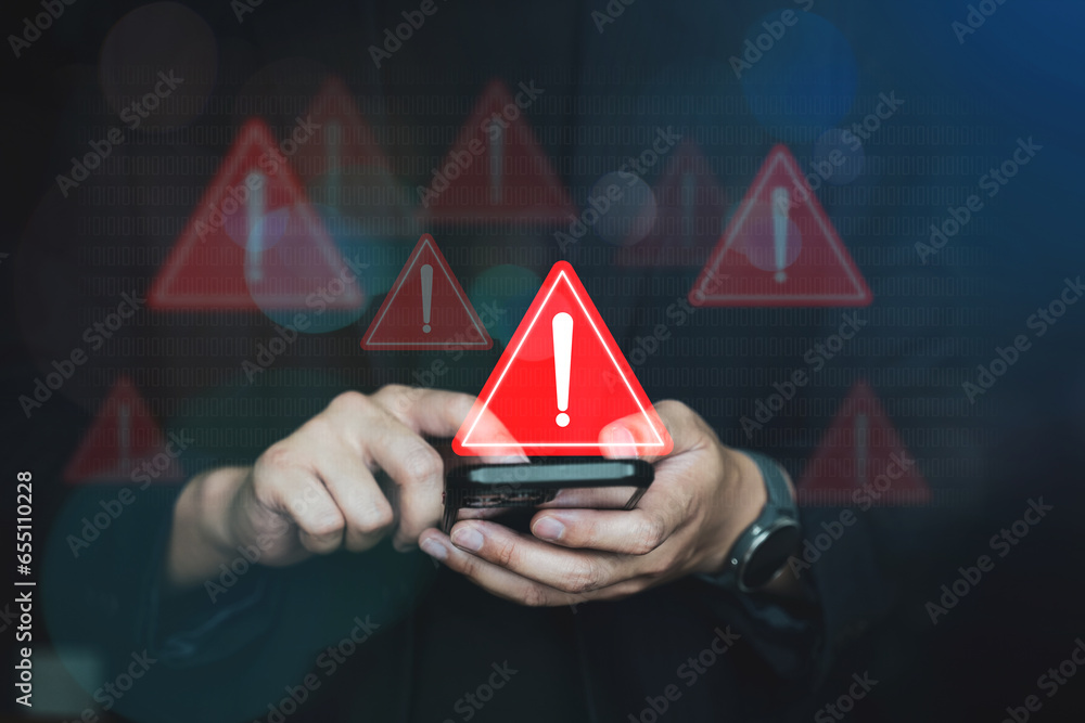 Poster emergency warning alert alarm on smartphone, data network protection, virus alarm with people using 