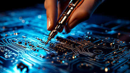 Human hand repairing electronic circuits. - obrazy, fototapety, plakaty