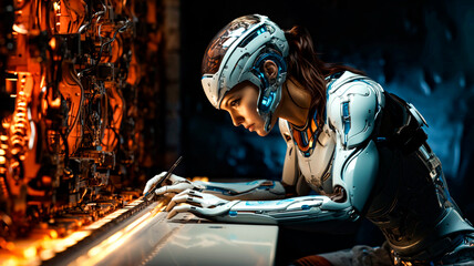 A humanoid robot woman performing tasks. Science fiction and artificial intelligence concept