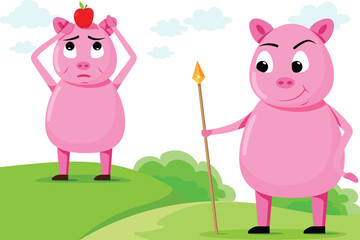 Naughty pig is trying to bullying poor pig. Story of two piggy friends