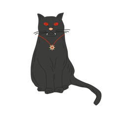 Cartoon character with vampire mouth with fangs. Black vampire cat with a pendant on his chest. Halloween poster. Halloween Party. Vector illustration...