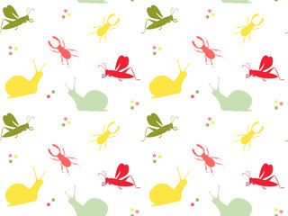 seamless multicolored pattern with insects. Snail, grasshopper and horned beetle