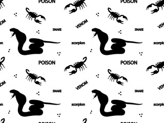Seamless black and white pattern with venomous snake, cobra, scorpion and words - poison, venom