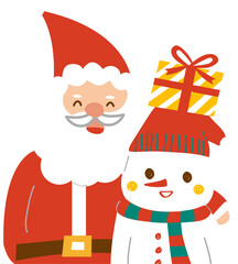A santa claus hold a snowman