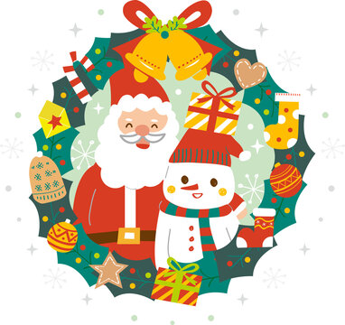 a santa claus and a snowman in a christmas wreath