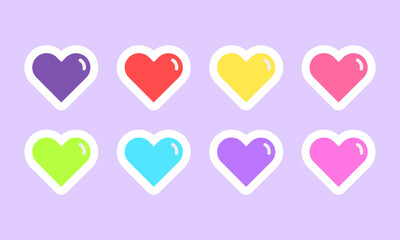 Vector set of colorful heart shaped stickers. collection of different romantic heart icons