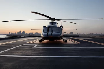 Poster Luxury luxurious business helicopter private heli chopper on landing pad fast transportation success journey rich wealth corporate flight fly flying sky ground horizon sun clouds landing style stylish © Yuliia