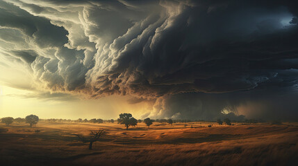 Dramatic Storm Clouds Over Rural Landscape at Sunset - obrazy, fototapety, plakaty