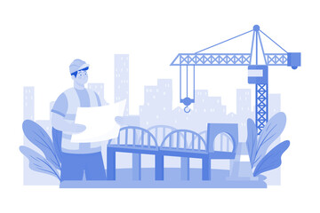 Naklejka premium Contractor oversees bridge construction over river.