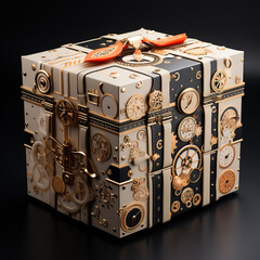 A 3D render of a vintage gift box on a black background. 
