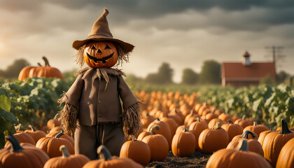 A friendly scarecrow guarding a pumpkin patch Halloween ai generated - Powered by Adobe