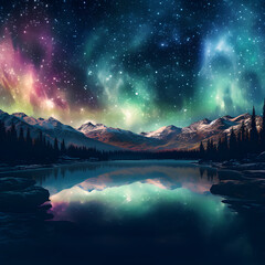 Night Sky Magic, Mesmerising Northern Lights Reflect on Tranquil Lake Near Snowy Mountains and Forest