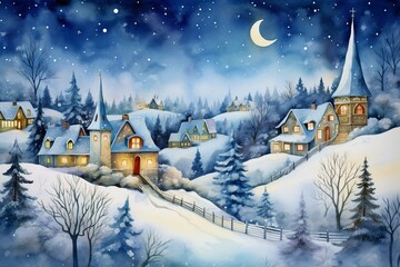 Naklejka premium A charming watercolor illustration depicting a magical winter landscape with a cute village on a hill. Generative AI