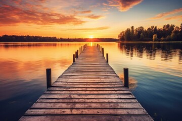 Beautiful view of the sun setting over a wooden pier extending into a calm lake. Generative AI