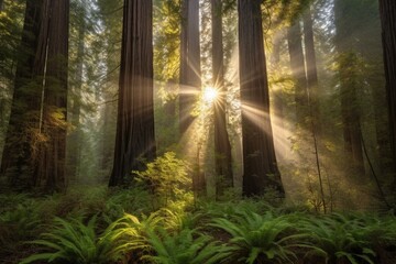 A picturesque view of sunlight shining through majestic redwood trees during the morning. Generative AI - obrazy, fototapety, plakaty