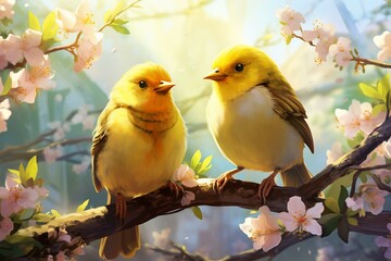 Cute fledglings in blooming garden on sunny day. Generative AI - obrazy, fototapety, plakaty