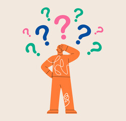 Man looking at the question marks. Colorful vector illustration