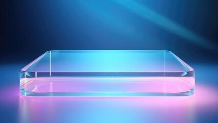 Crystal-clear glass podium glowing with pink and blue lights, Premium showcase mockup template for Beauty, Cosmetic, Luxury products, with copy space for text